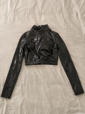 Forever 21 Black Patent vinyl Mock-Neck Crop Jacket